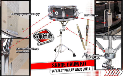 Snare Drum Kit by GRIFFIN | Includes Snare Stand, 2 Pairs of Maple Drum Sticks & Drum Key | 14" x 5.5" Poplar Shell | Percussion Musical Instrument Practice Package for Students & Professionals