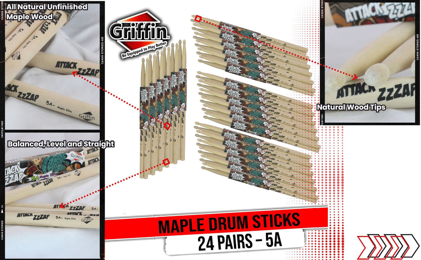 GRIFFIN Attack Zzzap Drum Sticks - 24 Pairs of Select Elite Maple Wood Size 5A - Drummers Percussion Classic Pure Grit Uncoated, Raw Wood Drumming Sticks - Premium Balanced, Level and Straight