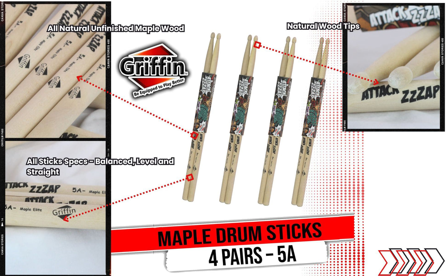 GRIFFIN Attack Zzzap Drum Sticks - 4 Pairs of Select Elite Maple Wood Size 5A - Premium Balanced, Level and Straight - Drummers Percussion Classic Pure Grit Uncoated, Raw Wood Drumming Sticks