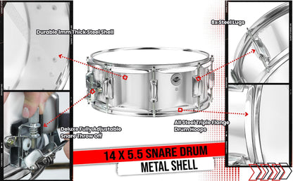 Metal Snare Drum by GRIFFIN | 14" x 5.5" inch Steel Chrome Shell | 8 Tuning Lugs & Snare Throw Off Strainer Set | Musical Instrument Kit & Drummers Key | Marching Percussion Hardware & Drum White Head