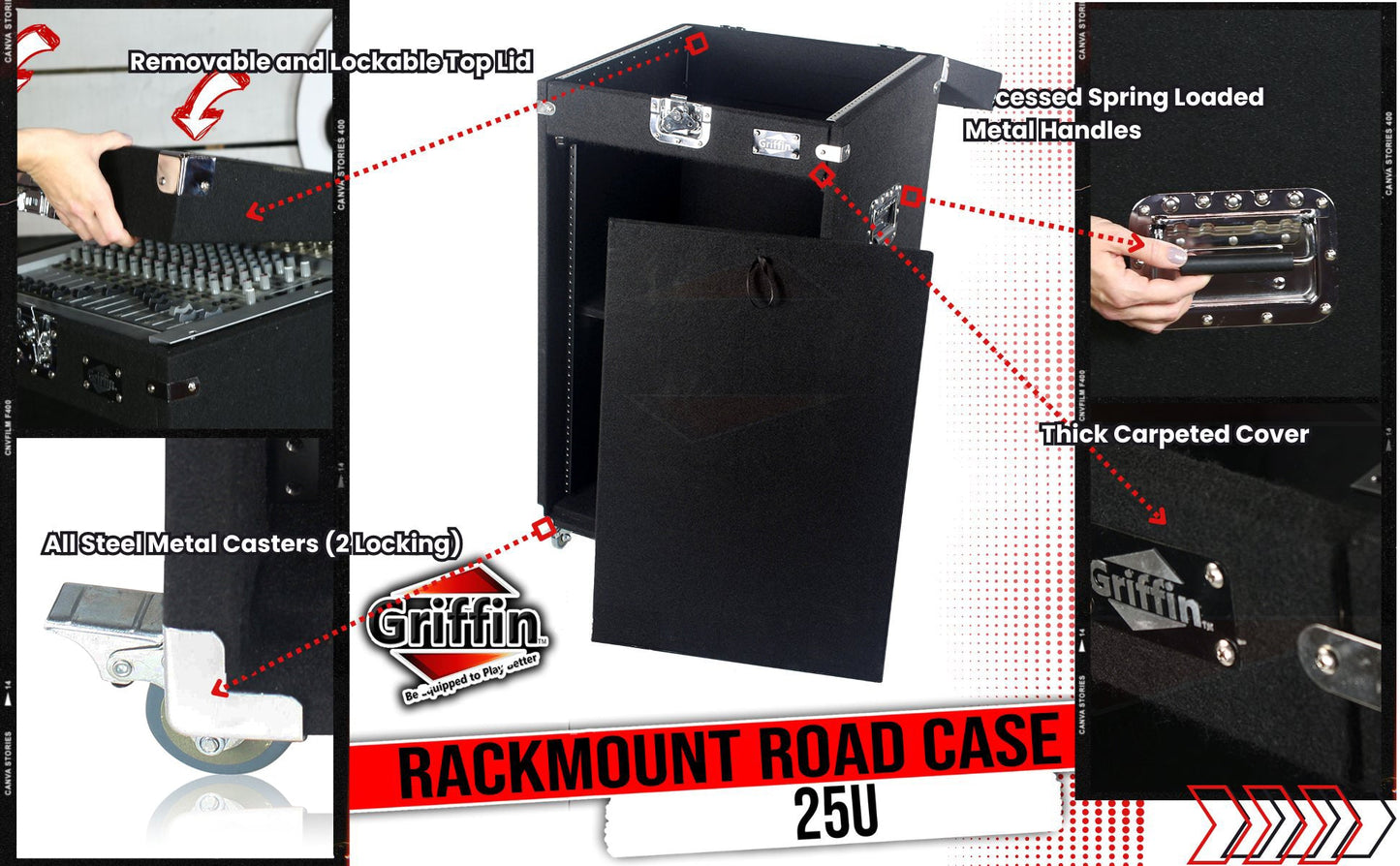 Rackmount Studio Mixer Flight Road Case By GRIFFIN - 25U Mount Space Ultimate Pro-Audio Amp Cabinet Travel Trunk For Music Gear Recording Equipment