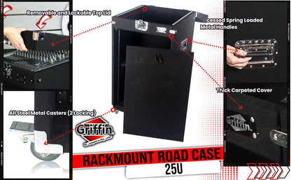 Rackmount Studio Mixer Flight Road Case By GRIFFIN - 25U Mount Space Ultimate Pro-Audio Amp Cabinet Travel Trunk For Music Gear Recording Equipment