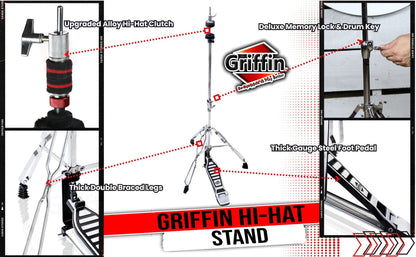 Deluxe Hi-Hat Stand by GRIFFIN | Hi Hat Cymbal Pedal With Pull Chain | HiHat Mount with Chrome Double Braced Hardware Accessory Set | Adjustable High Hat Holder Ideal for Mobile Percussion Drummers