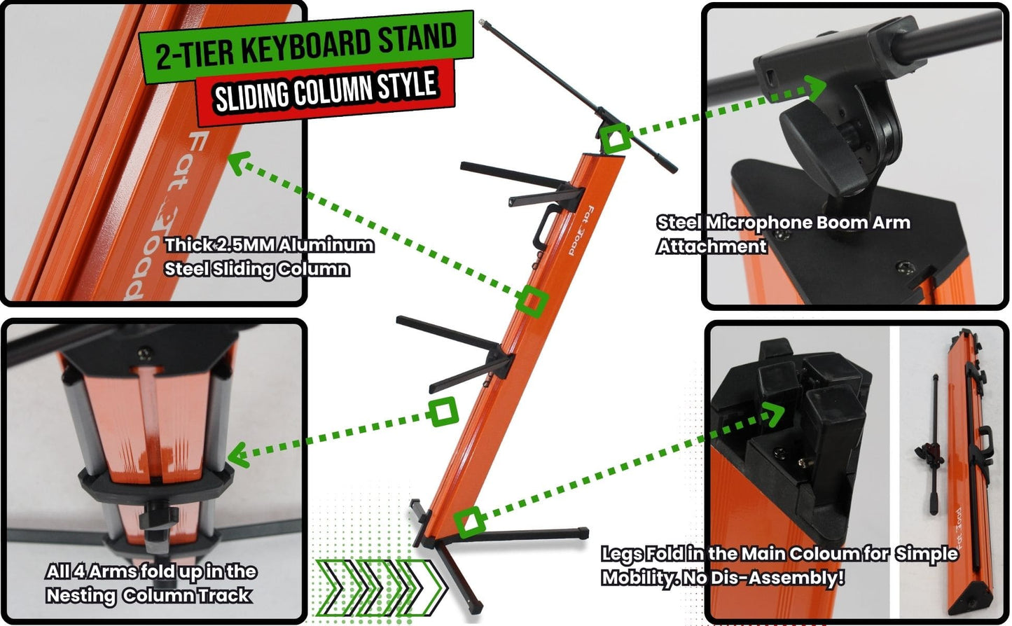 Keyboard Stand (2-Tier) with Mic Boom Arm Adapter by FAT TOAD - Professional Double Sliding Electronic Piano Column Tower for Turntable, DJ Audio Gear & Studio Synthesizer