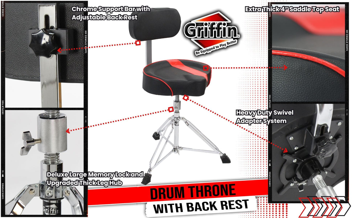 Saddle Drum Throne with Backrest Support by GRIFFIN - Padded Leather Drummer Motorcycle Biker Style Seat - Swivel Adjustable Height Music Drum Chair