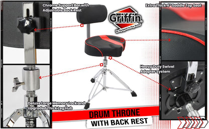 Saddle Drum Throne with Backrest Support by GRIFFIN - Padded Leather Drummer Motorcycle Biker Style Seat - Swivel Adjustable Height Music Drum Chair