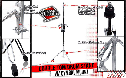 Double Tom Drum Stand with Cymbal Arm by GRIFFIN | Drummers Percussion Set Hardware with Dual Drum Mounts | Medium Duty Tom Holder with Double Braced Tripod Legs | Accommodates All Standard Cymbals