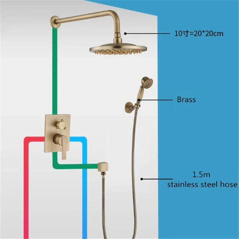 DecorBites™ Antique Brass Shower Faucet Set with 10 Inch Round Head - Bathroom Wall Kit