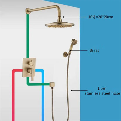 DecorBites™ Antique Brass Shower Faucet Set with 10 Inch Round Head - Bathroom Wall Kit