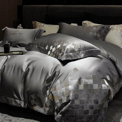 DecorBites™ 4-Piece Luxury Embroidery Bedding Set in Pearl White/Grey Satin Brocade Cotton