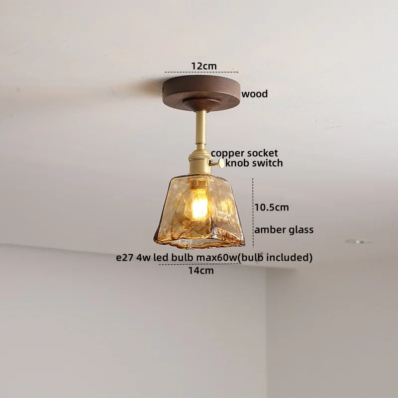 DecorBites™ Amber Glass LED Ceiling Light Modern Wood Canopy Kids Room Fixture