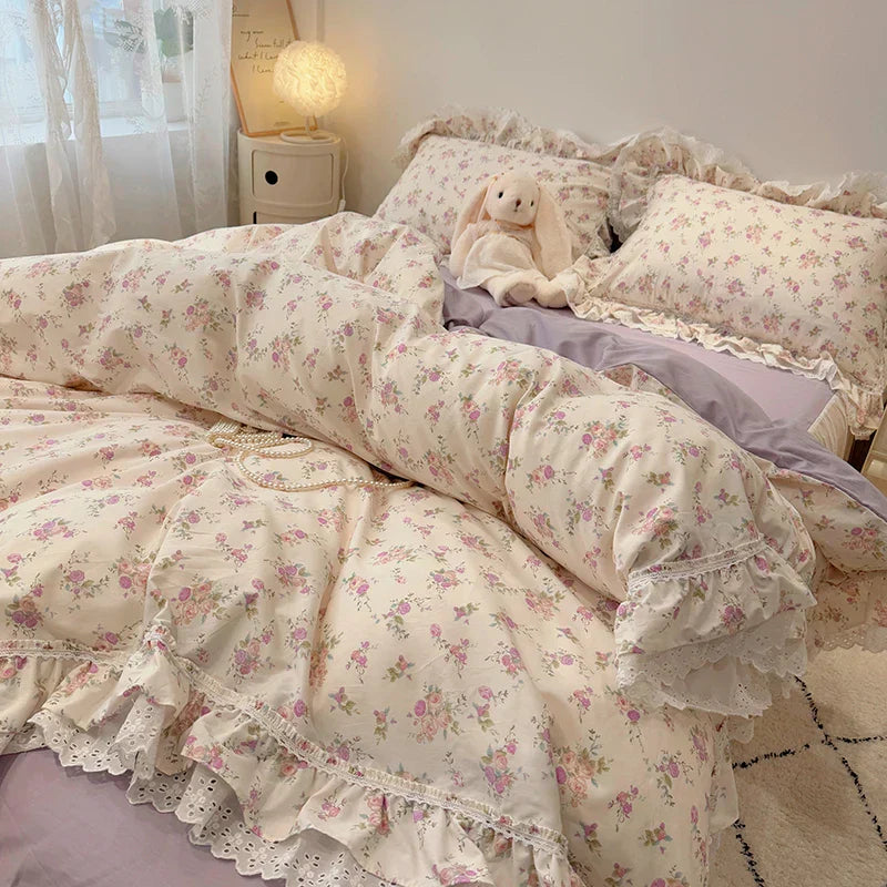 DecorBites™ Korean Princess Style Floral Lace Ruffles Bedding Set with Pillowcase