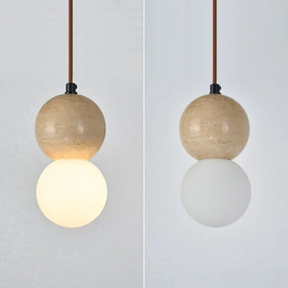 DecorBites™ LED Gourd Pendant Light Fixture with Yellow Travertine and White Glass