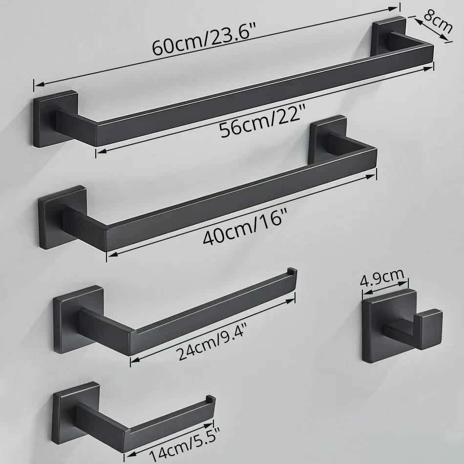 DecorBites™ Black Bathroom Accessories Set: Robe Hook, Towel Rail, Shelf, Paper Holder