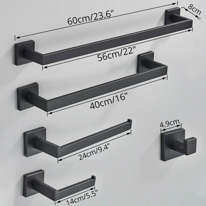 DecorBites™ Black Bathroom Accessories Set: Robe Hook, Towel Rail, Shelf, Paper Holder