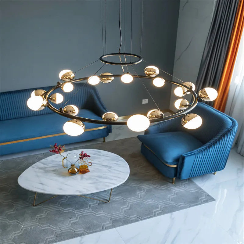 DecorBites™ Gold Balls LED Chandelier: Art Deco Round Lighting with Acrylic Balls for Home Décor