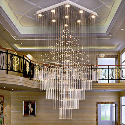 DecorBites™ Crystal Columnar Chandelier: Modern Square Base Hanging Lamp for Living Room, Stair, Loft