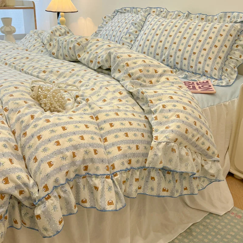 DecorBites™ Korean Princess Floral Print Bedding Set in Washed Cotton for Girls