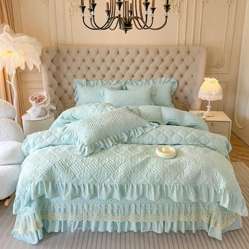 ™ Korean Princess Style Quilted Bedding Set with Lace Ruffles 200x230cm