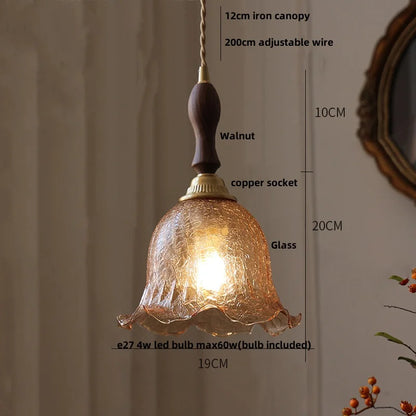 DecorBites™ Amber Glass LED Pendant Lamp Walnut Wood Copper Hanging Light
