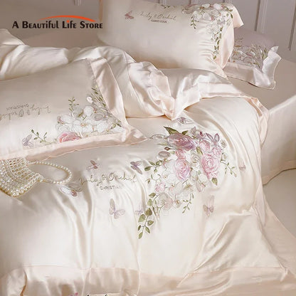 DecorBites™ Butterfly Flowers Embroidery Bedding Set 800TC Soft Silky Duvet Cover Set