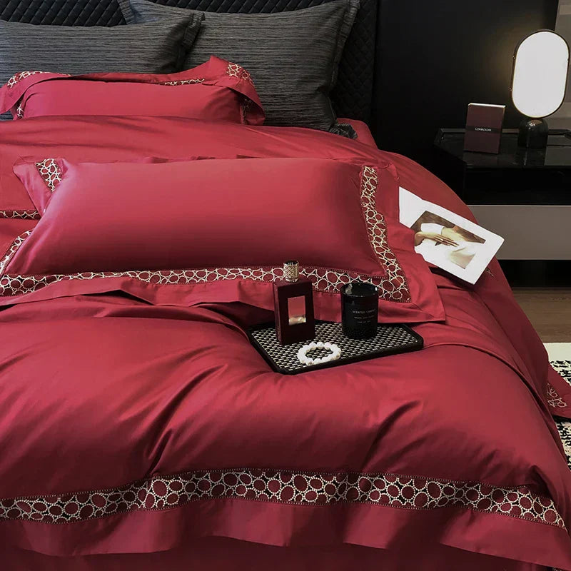 DecorBites™ Brown Lace Embroidery Bedding Set, 4Pcs, 1200TC Egyptian Cotton