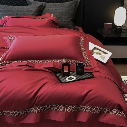 DecorBites™ Brown Lace Embroidery Bedding Set, 4Pcs, 1200TC Egyptian Cotton