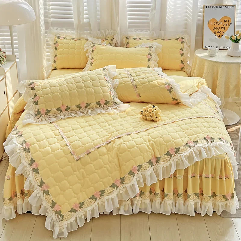 ™ Korean Princess Bedding Set: Flowers, Lace, Ruffles, Embroidery, Quilted, Duvet Cover, Bedspread