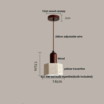 DecorBites™ LED Wood Canopy Pendant Lights Yellow Travertine Stone Hanging Lamp