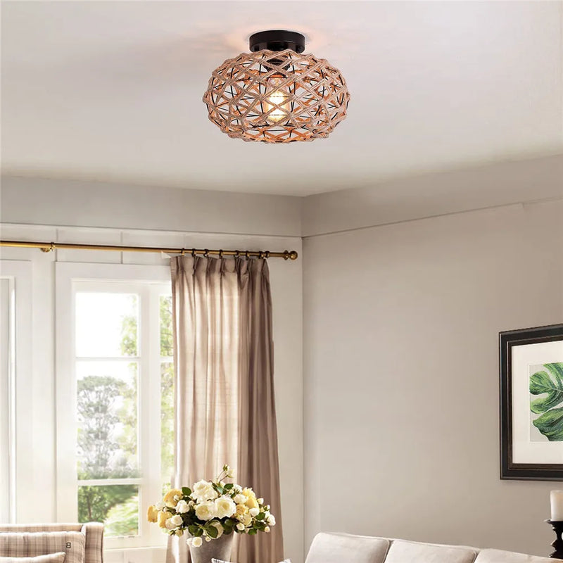 ™ Hemp Rope Cage Ceiling Light Fixture for Farmhouse Decor