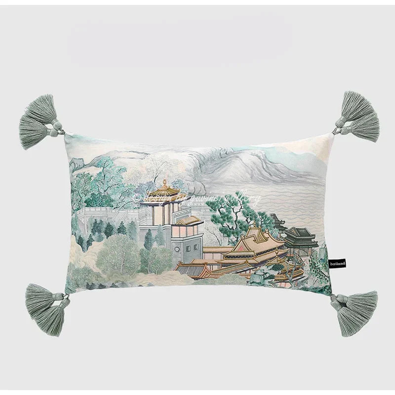 DecorBites™ Chinese City Landscape Velvet Lumbar Pillow Cover with Tassels, 30x50cm
