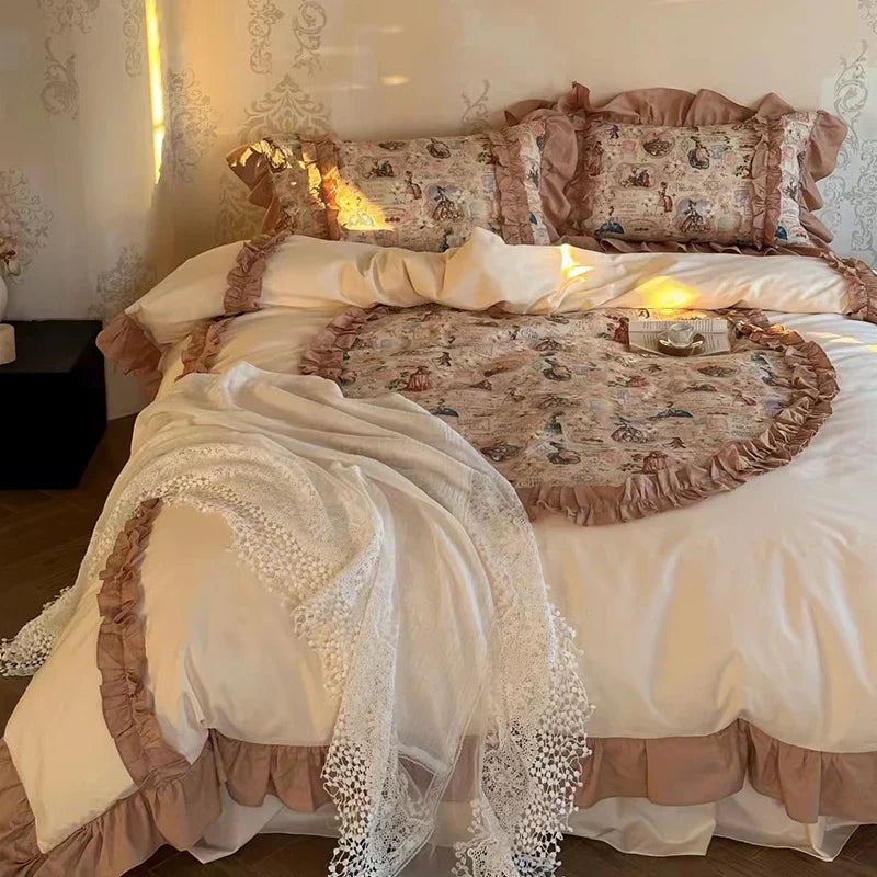 DecorBites™ 100% Cotton French Print Lace Ruffles Bedding Set - 4 Piece Bed Sets