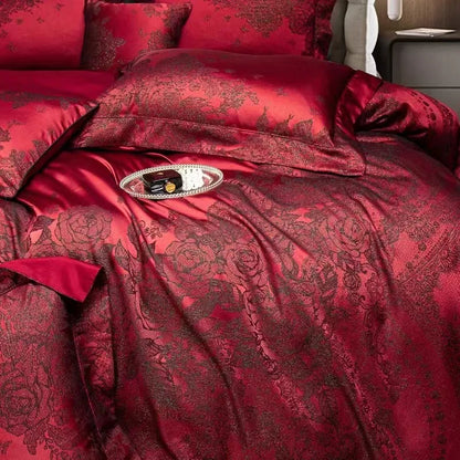 DecorBites™ Burgundy Red Luxury Jacquard Egyptian Cotton 5Pcs Bedding Set