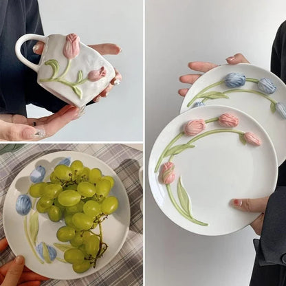 DecorBites™ 3D Embossed Tulip Ceramic Coffee Mug - Handcrafted Irregular Flower Cup