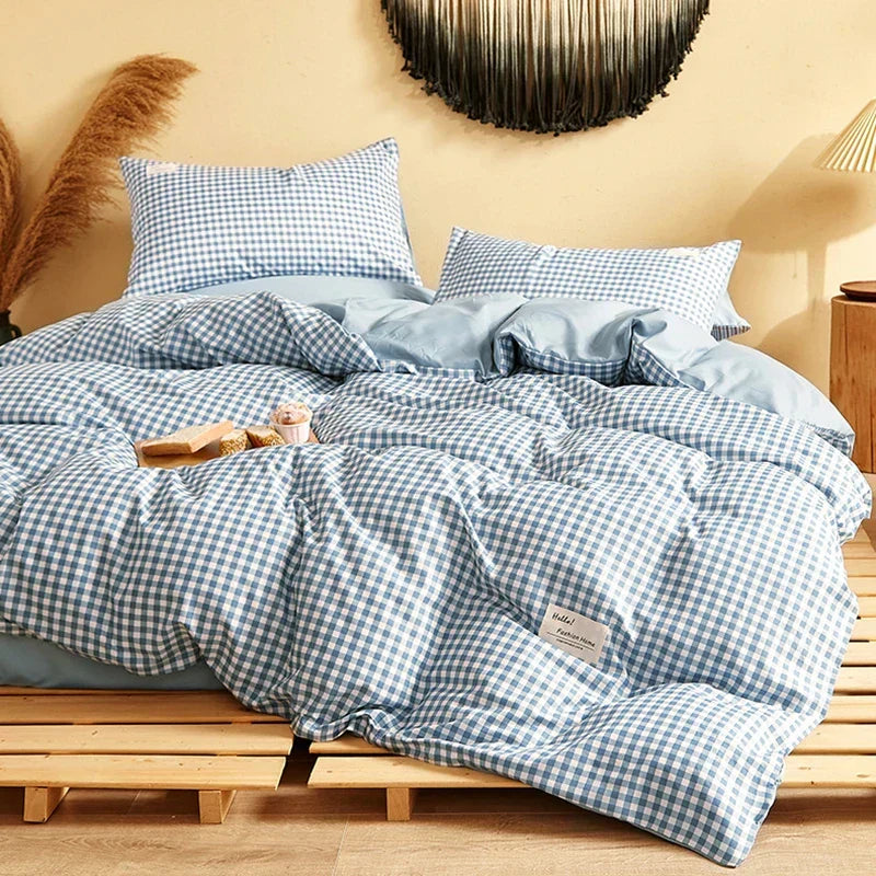 ™ Japanese Grid Printed Cotton Bedding Set in Queen/King for Cozy Sleep