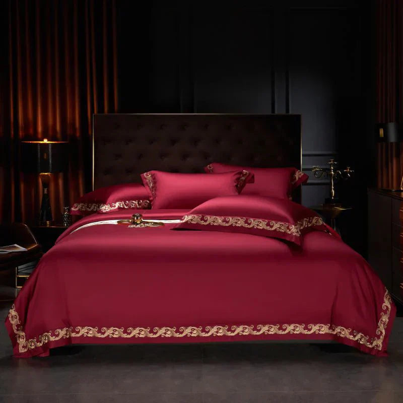DecorBites™ Luxe Gold Embroidery 1400TC Egyptian Cotton Queen King Bedding Set