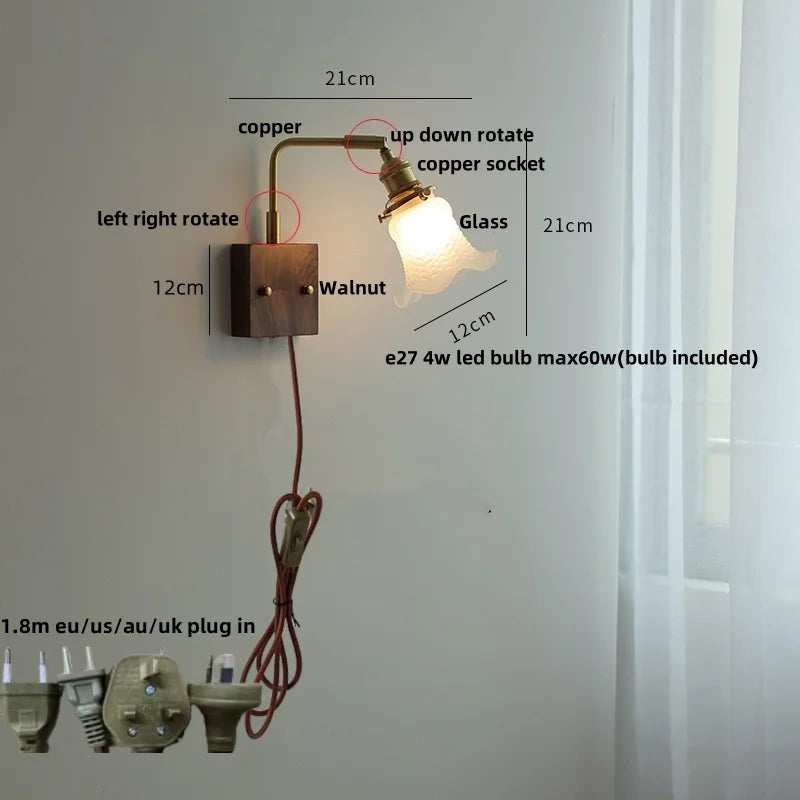 DecorBites™ Brass Walnut Wood LED Wall Sconce with Pull Chain Switch & Flower Glass
