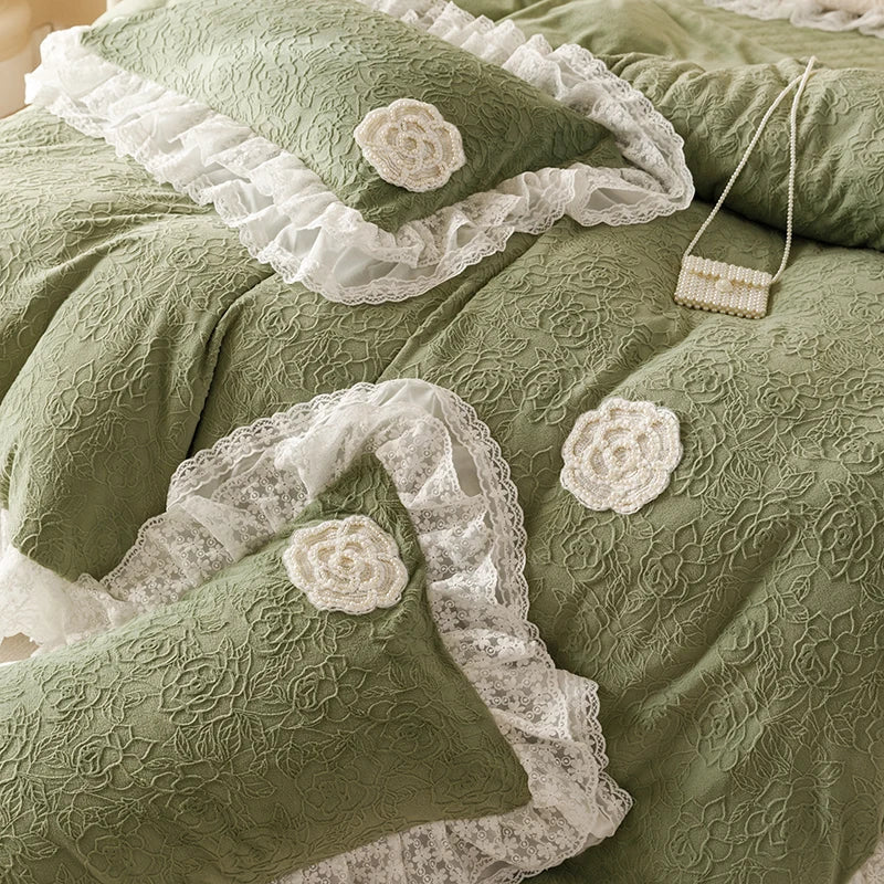 ™ Luxe Carved Velvet Lace Ruffles Bedding Set with Quilted Bed Skirt