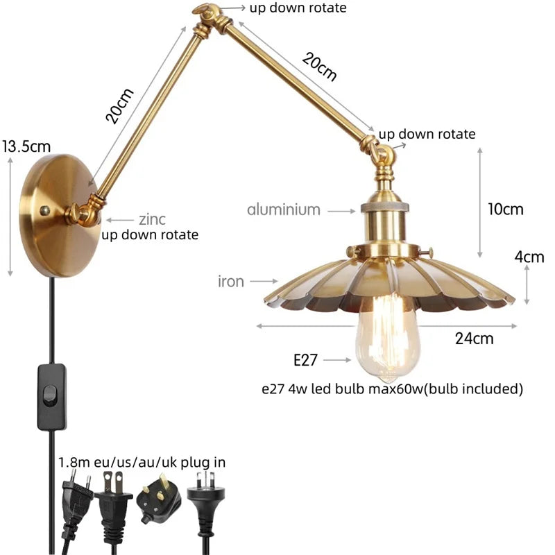 DecorBites™ Gold Industrial LED Wall Lamp with Pull Chain Switch for Home Decor