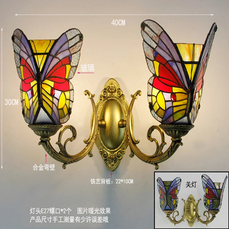 DecorBites™ Butterfly Glass Sconces LED Wall Lamps Tiffany Mediterranean Bedroom Lighting