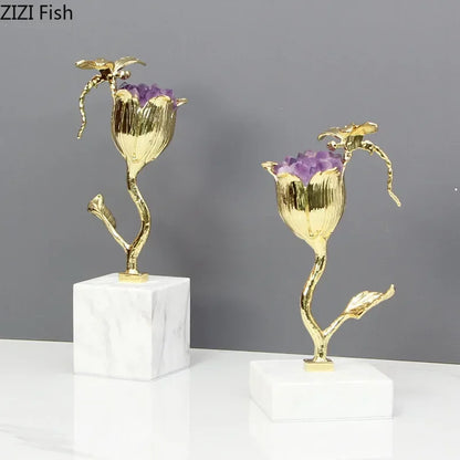 DecorBites™ Amethyst Flower Ornaments Gold-plated Dragonfly Decor Sculpture Room Decor