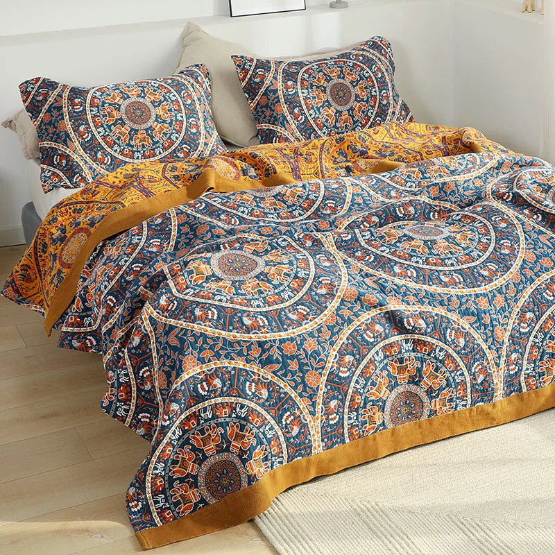 DecorBites™ Cotton Picnic Blanket/Bedspread - Double Bed 150 Flowers Blue, High Quality Pillowcases