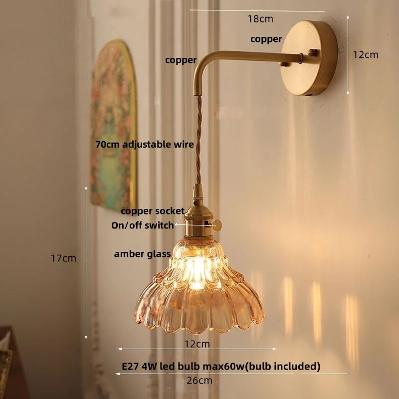 DecorBites™ Amber Glass LED Wall Light Pull Chain Switch Modern Flower Sconce
