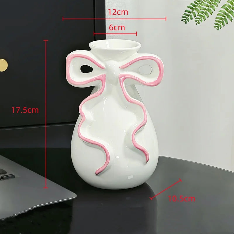 DecorBites™ 3D Ribbon Ceramic Vase with Cute Bow - Home Floral Decoration