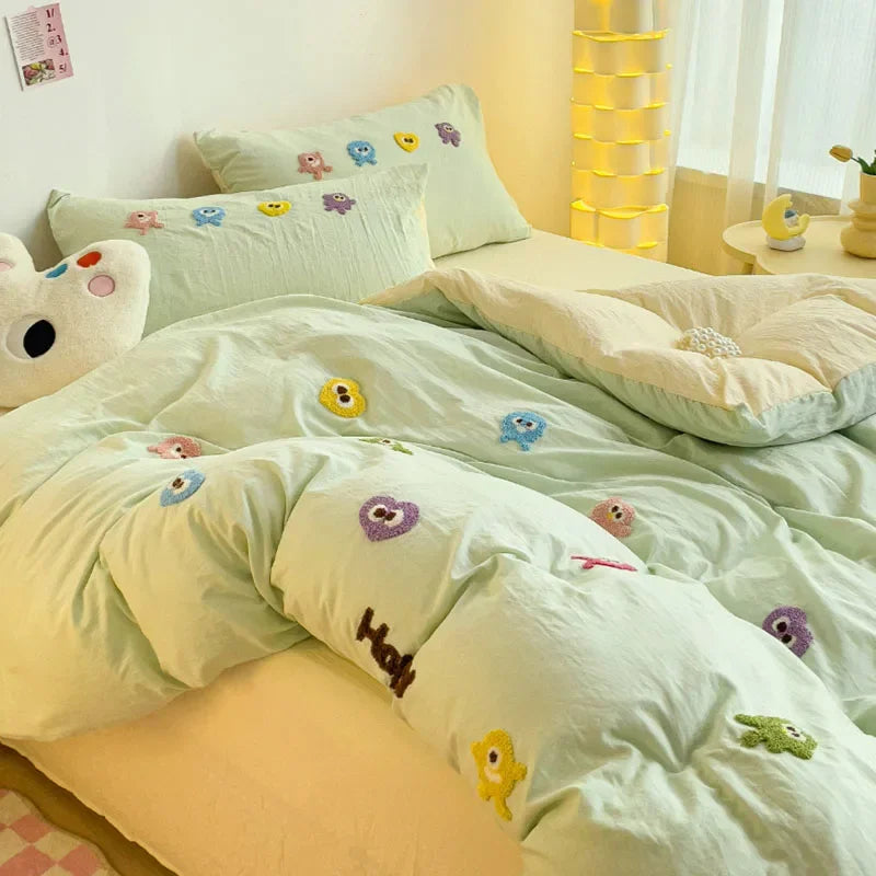 DecorBites™ Cartoon Towel Embroidery Bedding Set in Soft Washed Cotton for Kids