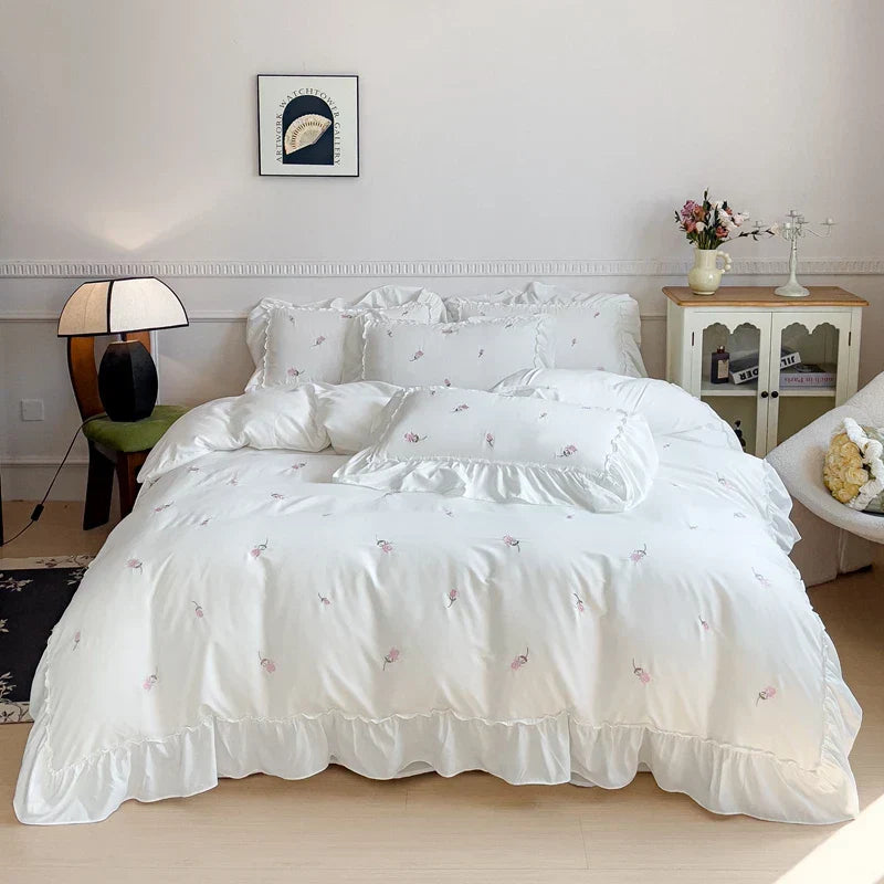 DecorBites™ Korean Princess Rose Flowers Lace Ruffles Bedding Set - Soft Cotton Duvet Cover