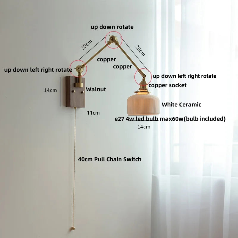 DecorBites™ Ceramic Ball Brass Walnut Wood Wall Light with Pull Chain Switch