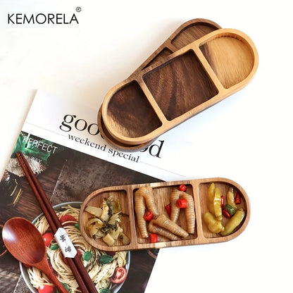DecorBites™ Acacia Wood Oval Three-Compartment Japanese Dip Plate | Breakfast Dip Plate