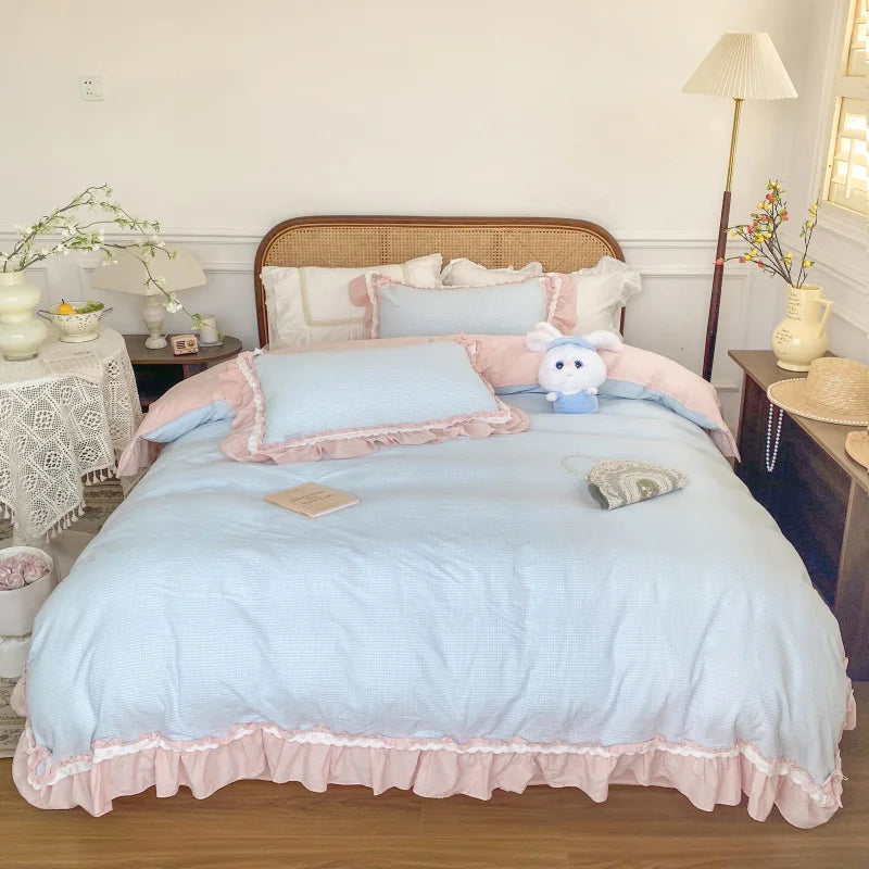 DecorBites™ Blue Pink Lattice Bedding Set: Princess Ruffles Bow, 100% Cotton Quilt Cover, Sheet, Pillowcases
