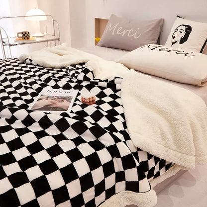 DecorBites™ Double Layer Lamb Wool Checkered Blanket - Nordic Style Warm Bedspread